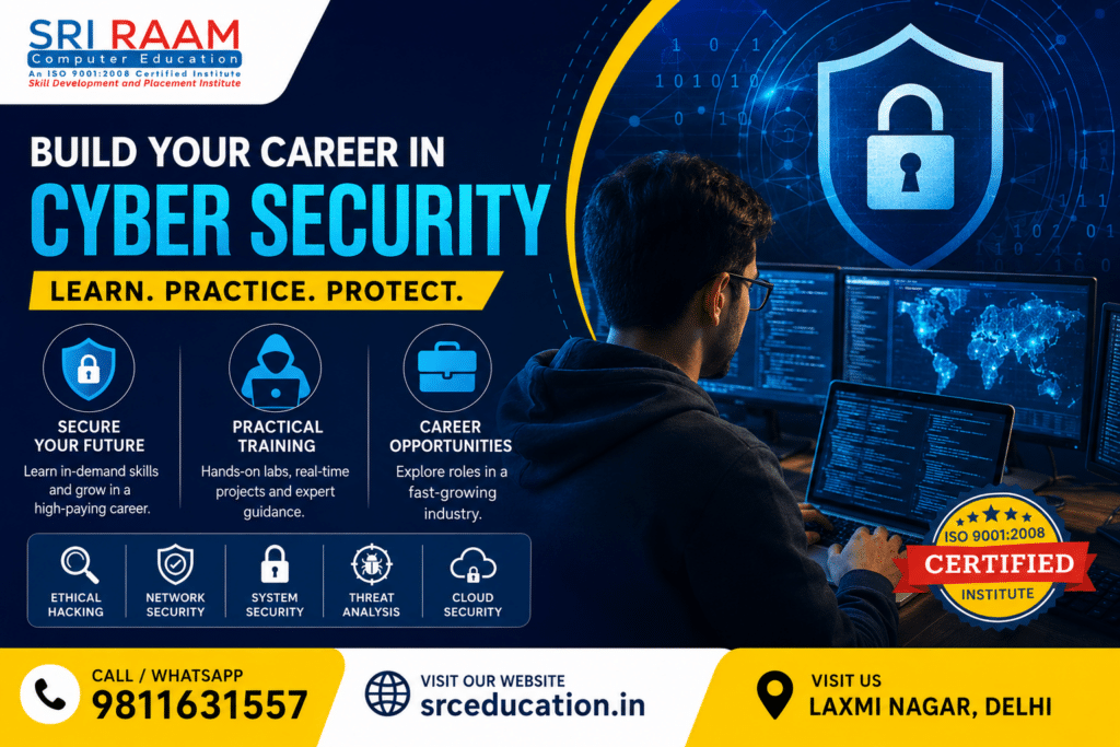 Student learning cyber security at SRC Education – Best Cyber Security Course in Laxmi Nagar with practical training and career support.