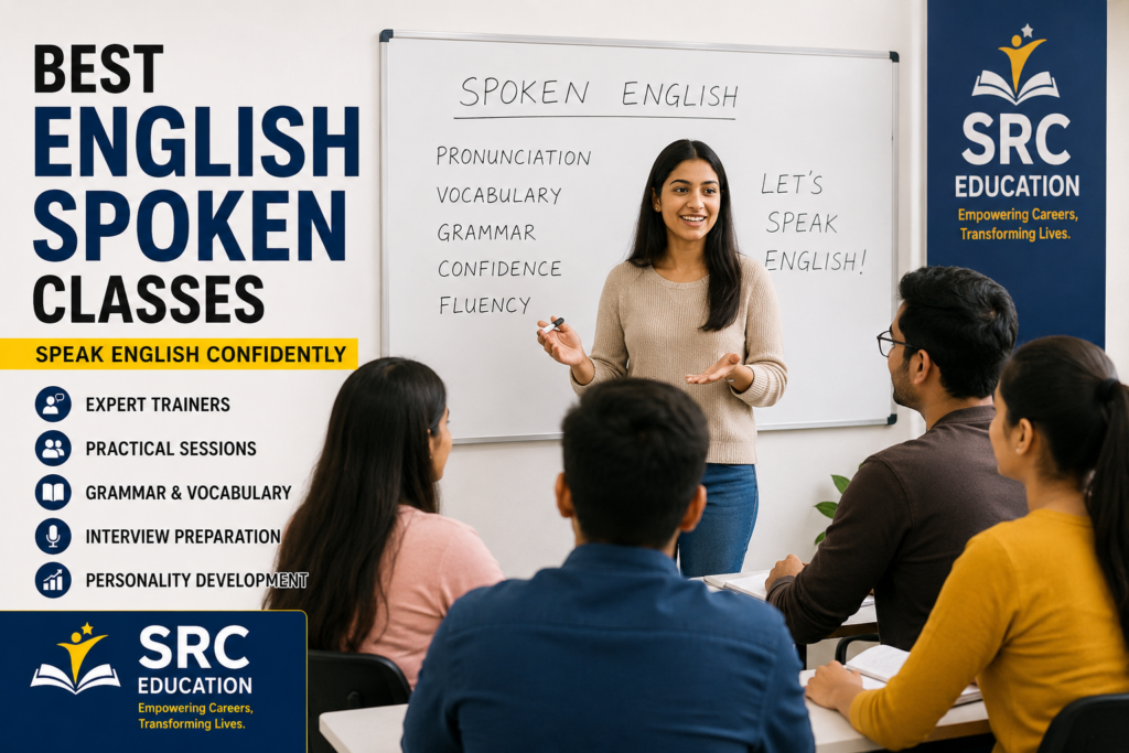 Students learning at SRC Education's Best English Spoken Classes in Laxmi Nagar with expert spoken English and communication training.