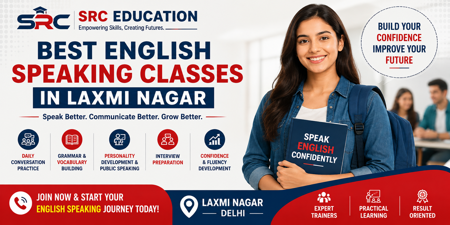 Best English Speaking Classes in Laxmi Nagar for spoken English, grammar, vocabulary and confidence building at SRC Education